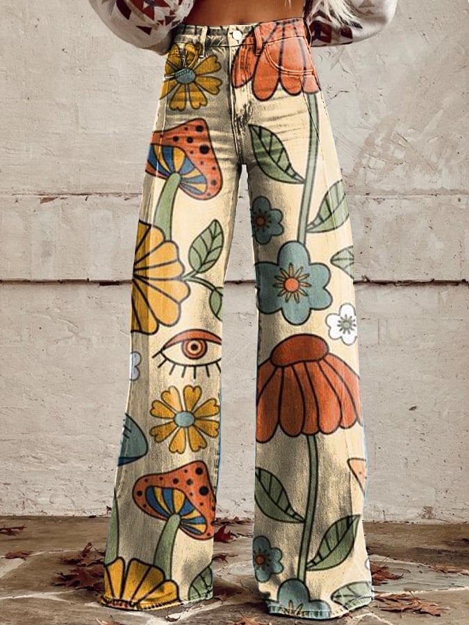 Gerd | Vide Jeans med Retro Blomstermønster