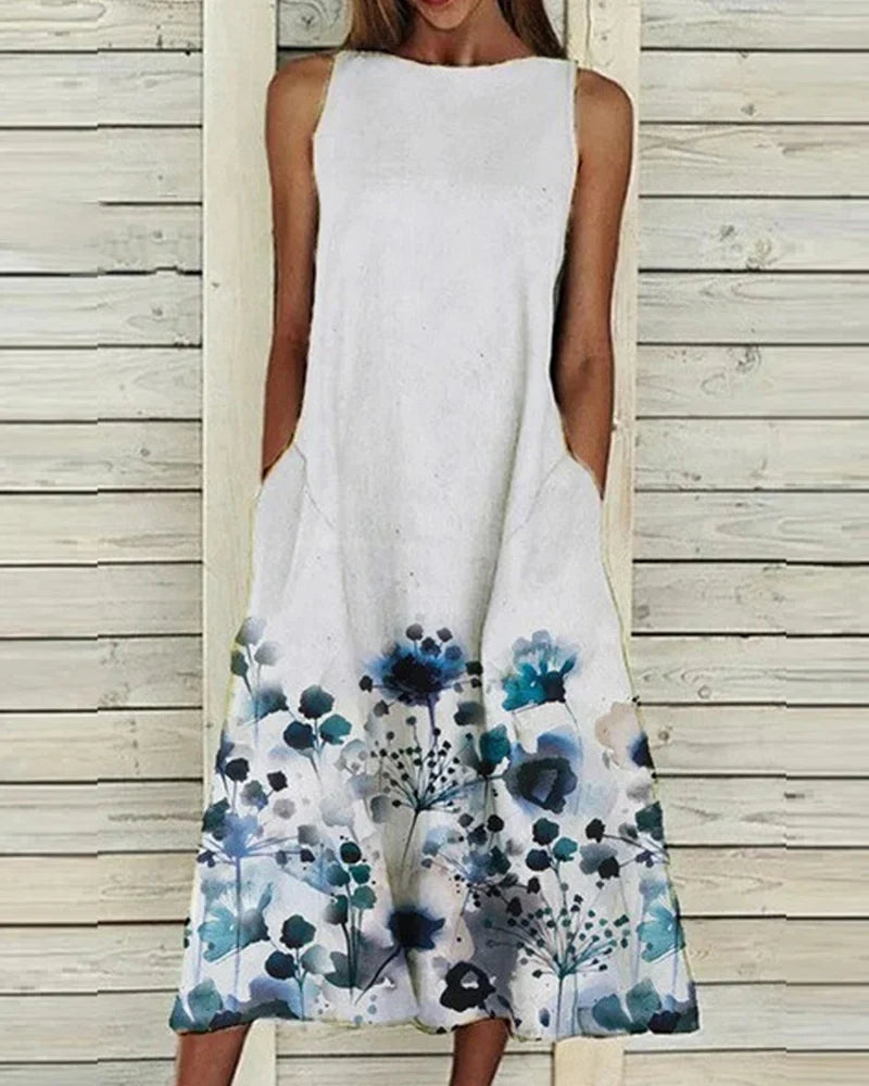 Barbara | Damen Ärmelloses Rundhals Blumen Midi Kleid