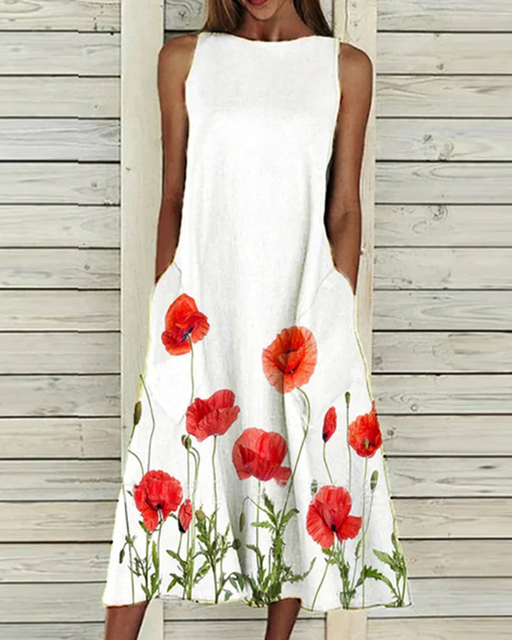 Barbara | Damen Ärmelloses Rundhals Blumen Midi Kleid