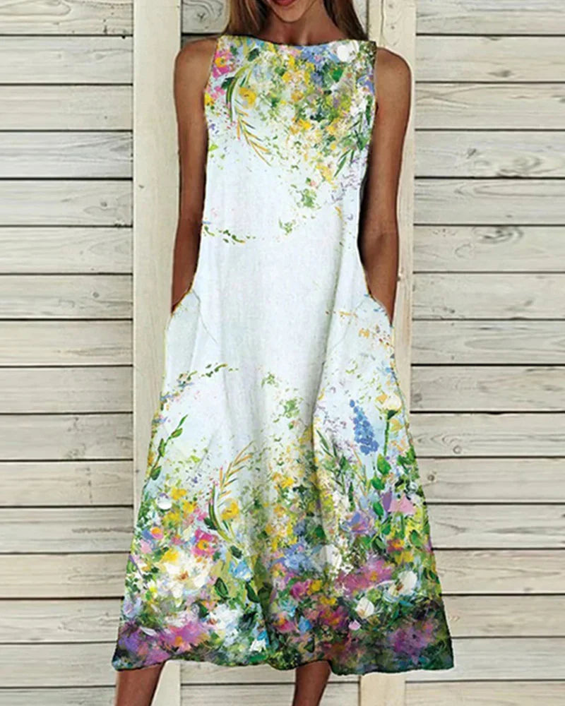 Barbara | Damen Ärmelloses Rundhals Blumen Midi Kleid