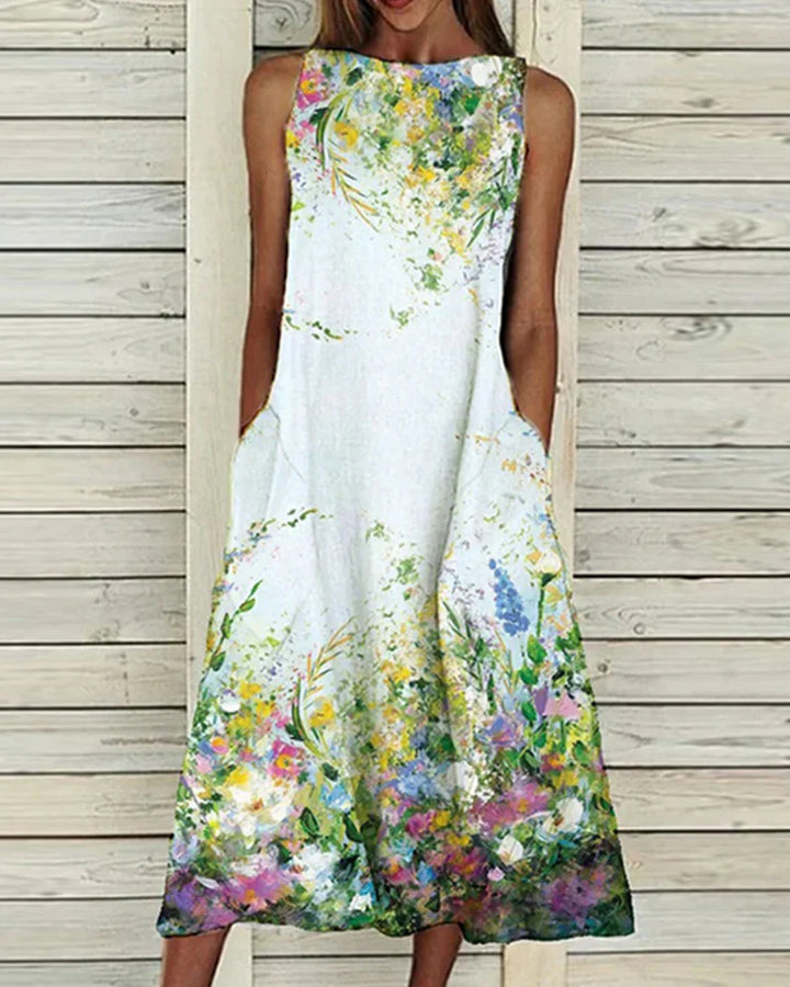 Barbara | Damen Ärmelloses Rundhals Blumen Midi Kleid