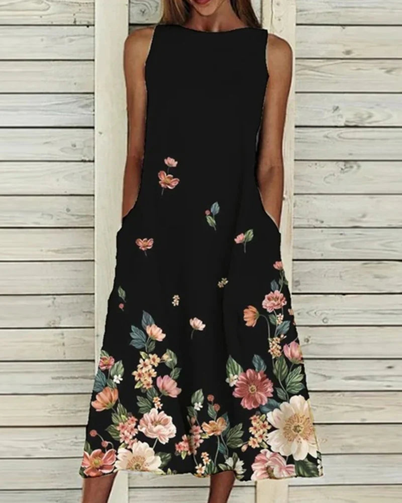 Barbara | Damen Ärmelloses Rundhals Blumen Midi Kleid