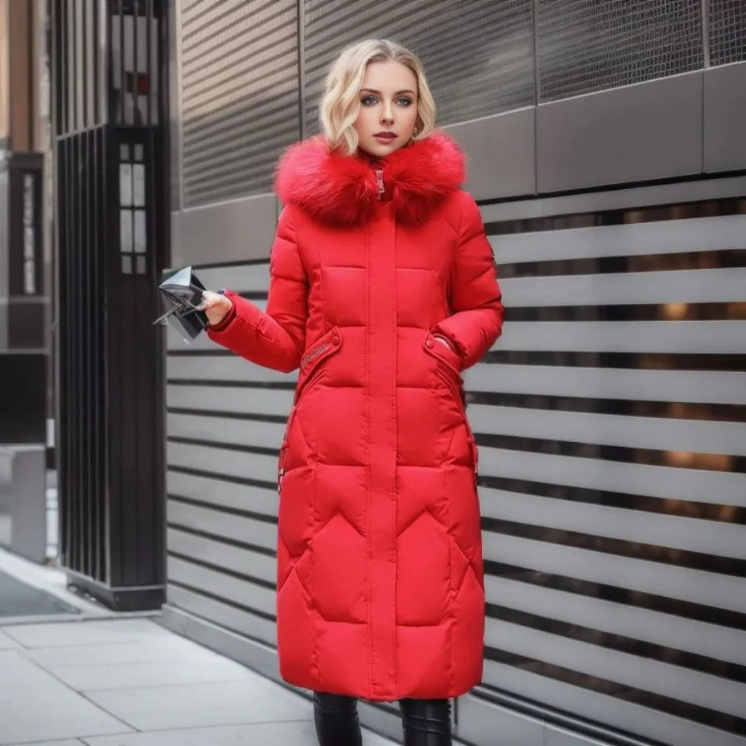 Jessica | Damen Lange Winterjacke mit Kapuze und Fellbesatz