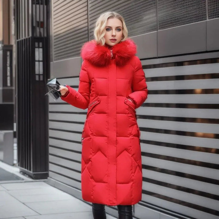 Jessica | Damen Lange Winterjacke mit Kapuze und Fellbesatz