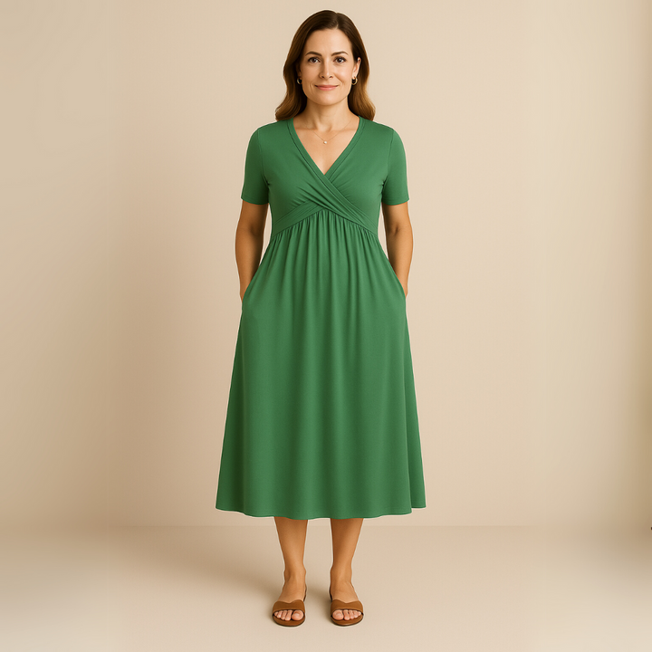 Frida | Elegant Midikjole med Korte Ermer