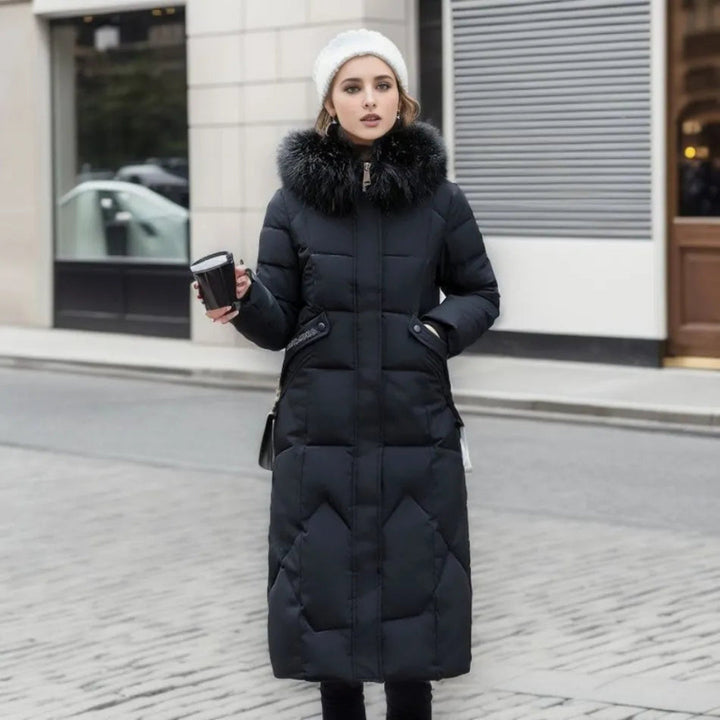 Jessica | Damen Lange Winterjacke mit Kapuze und Fellbesatz