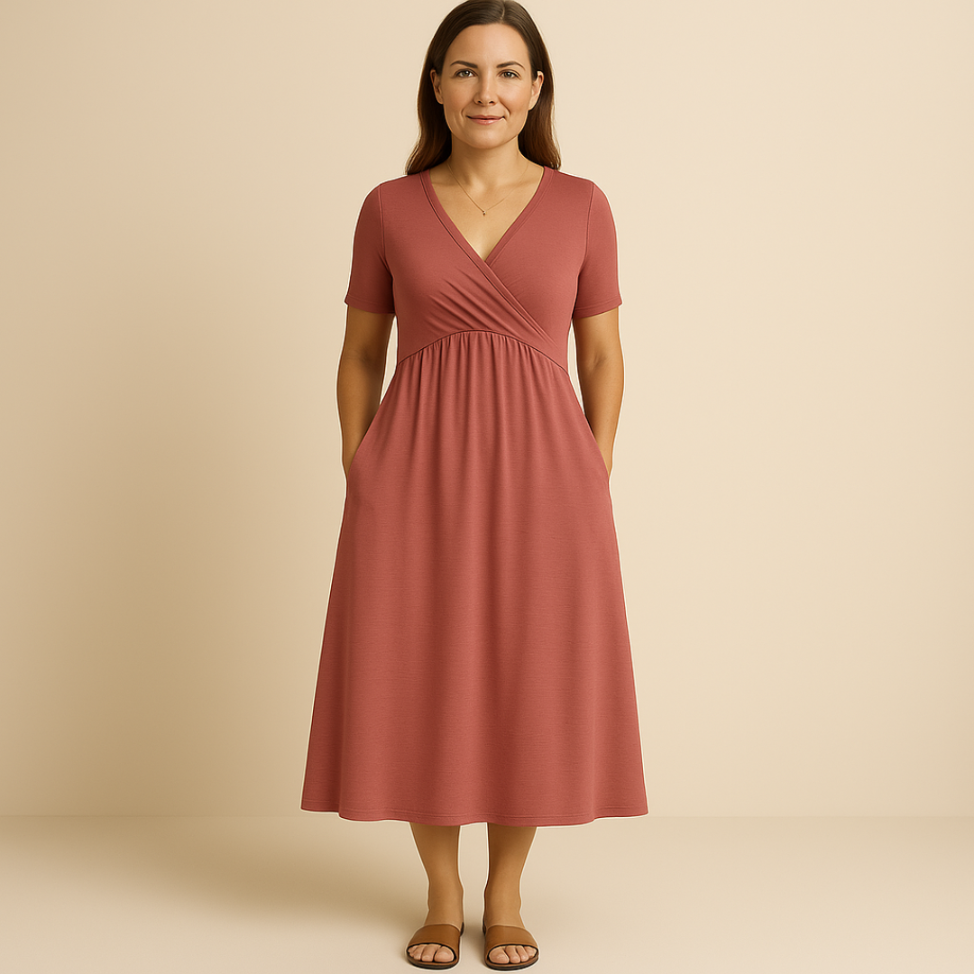 Frida | Elegant Midikjole med Korte Ermer