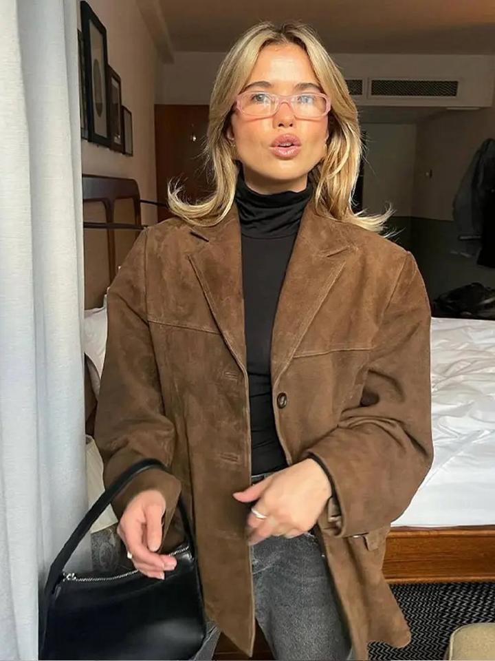 Ingerid | Dame Oversized Casual Blazerjakke i Semsket Skinn