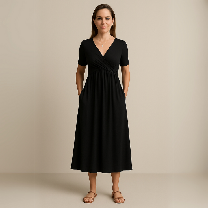 Frida | Elegant Midikjole med Korte Ermer