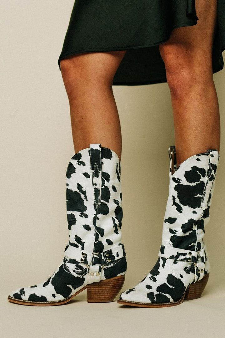 Eva | Damen Trendige Stiefel mit Kuhfellmuster im Westernstil