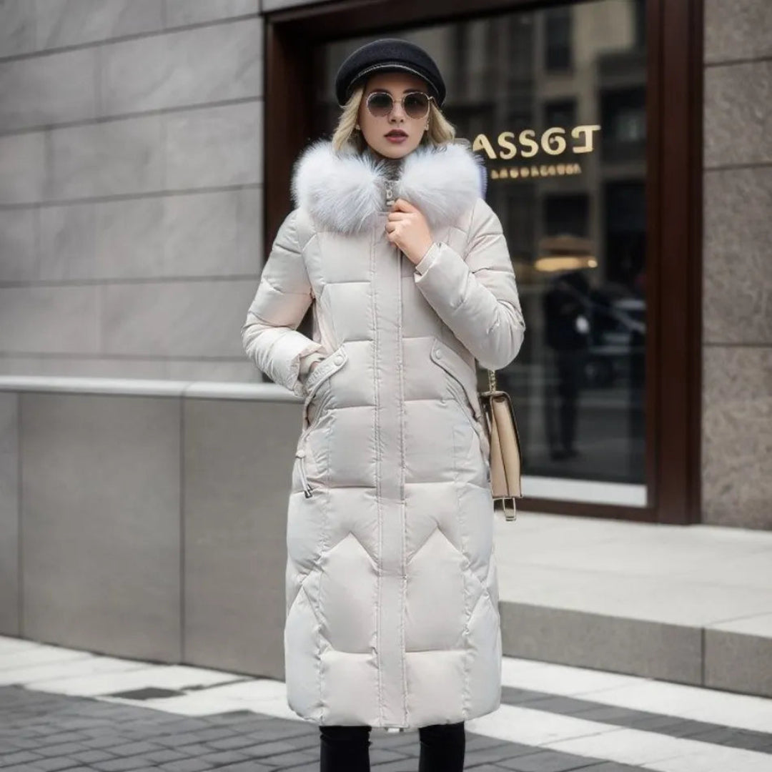 Jessica | Damen Lange Winterjacke mit Kapuze und Fellbesatz
