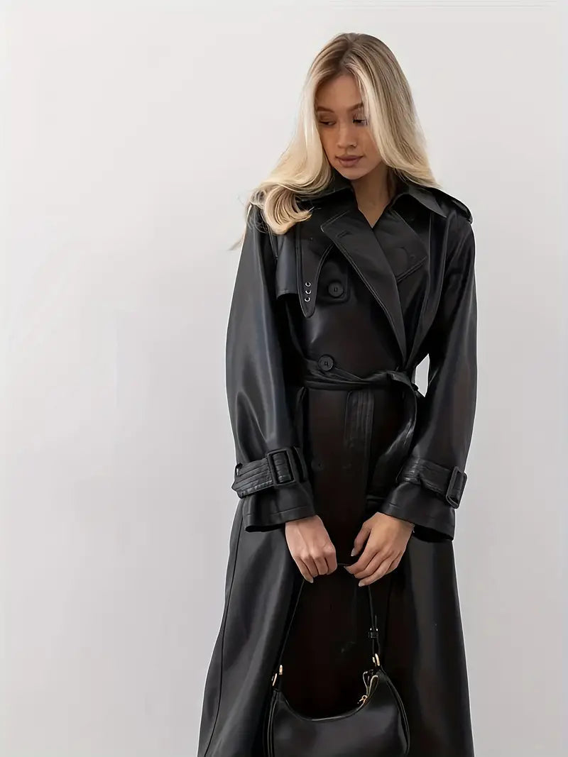Edith | Damen Langer Gürtetragender Kunstleder Trenchcoat