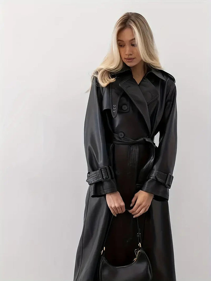 Edith | Damen Langer Gürtetragender Kunstleder Trenchcoat