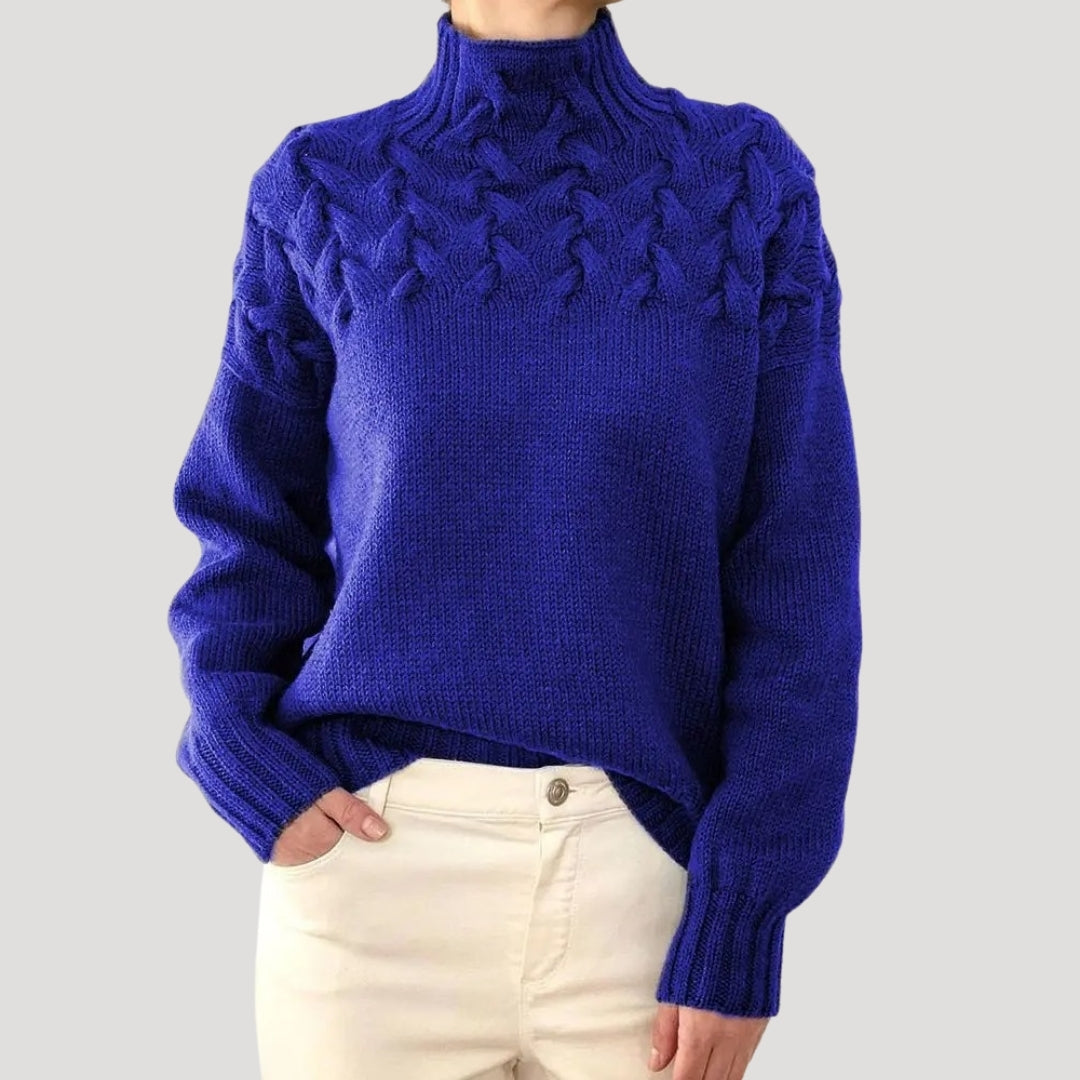 Nicole | Damen Frühlings Strickpullover mit Zopfmuster und hohem Kragen