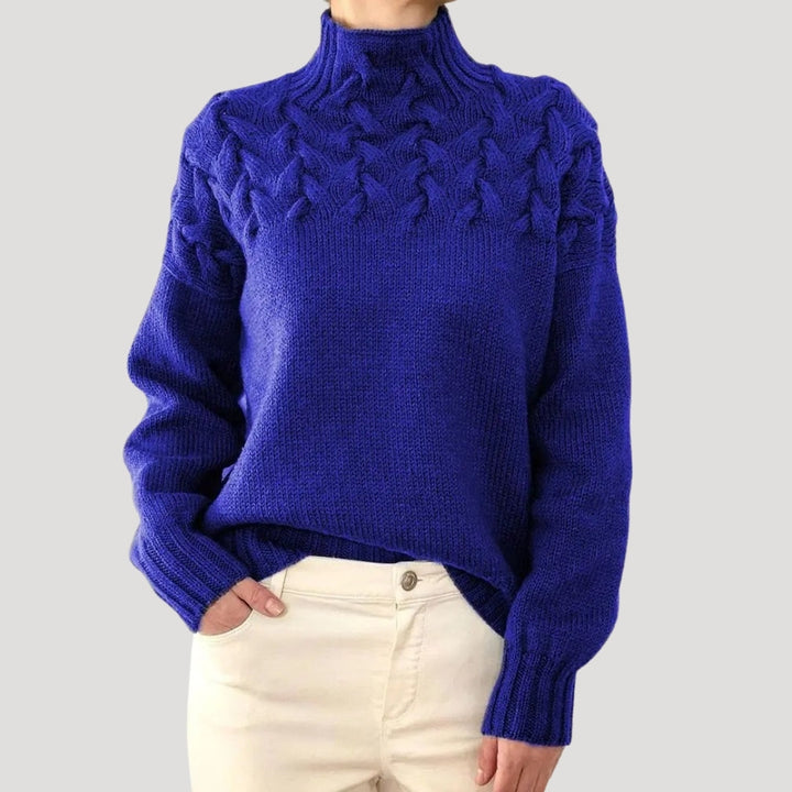 Nicole | Damen Frühlings Strickpullover mit Zopfmuster und hohem Kragen