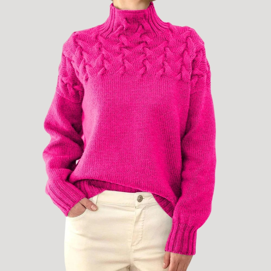 Nicole | Damen Frühlings Strickpullover mit Zopfmuster und hohem Kragen