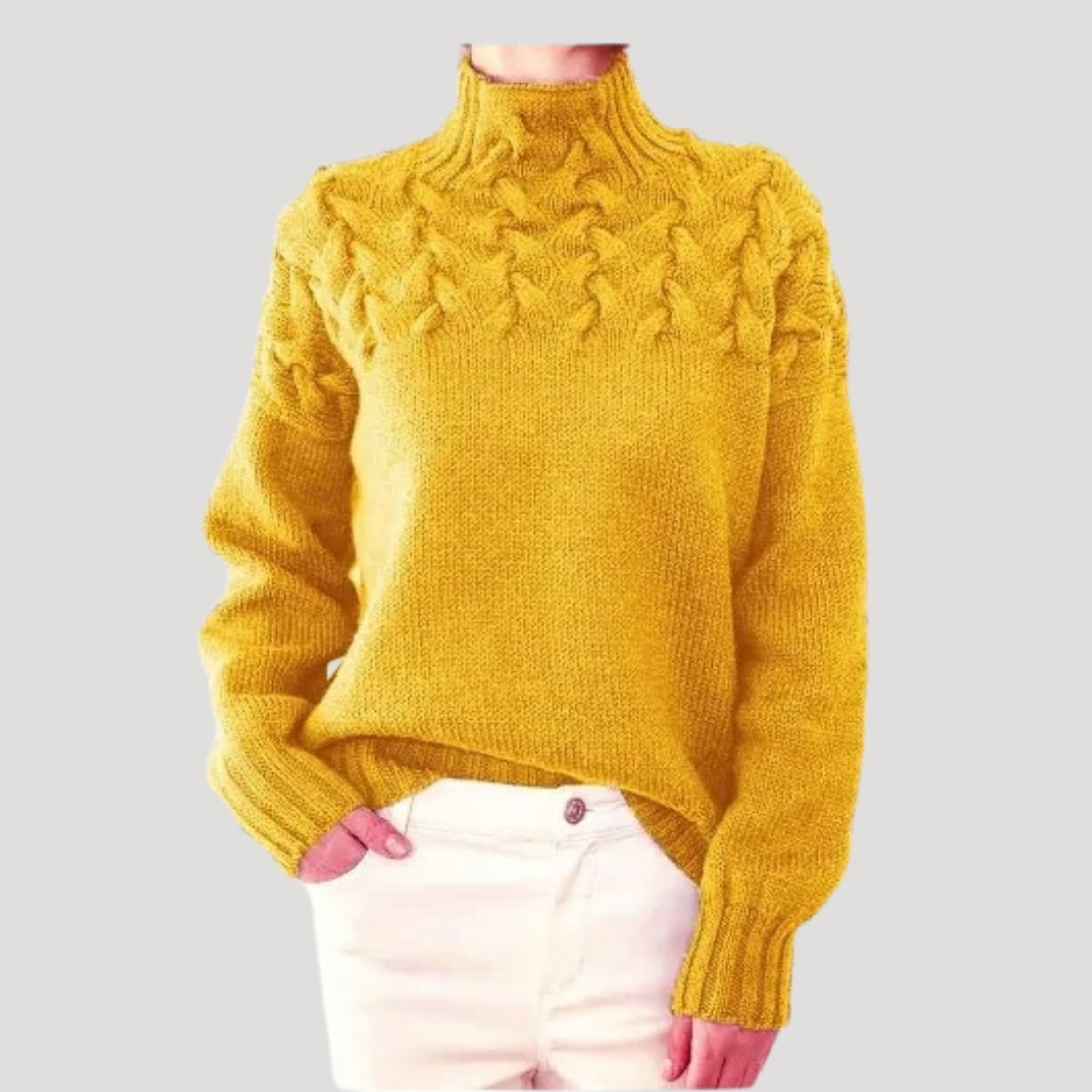 Nicole | Damen Frühlings Strickpullover mit Zopfmuster und hohem Kragen