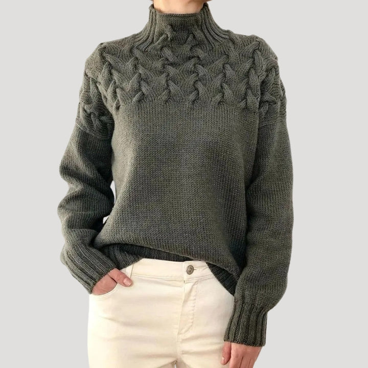 Nicole | Damen Frühlings Strickpullover mit Zopfmuster und hohem Kragen