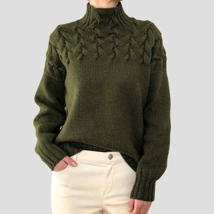 Nicole | Damen Frühlings Strickpullover mit Zopfmuster und hohem Kragen