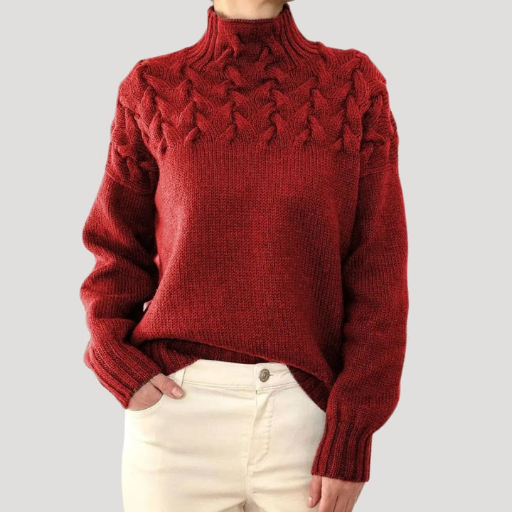 Nicole | Damen Frühlings Strickpullover mit Zopfmuster und hohem Kragen