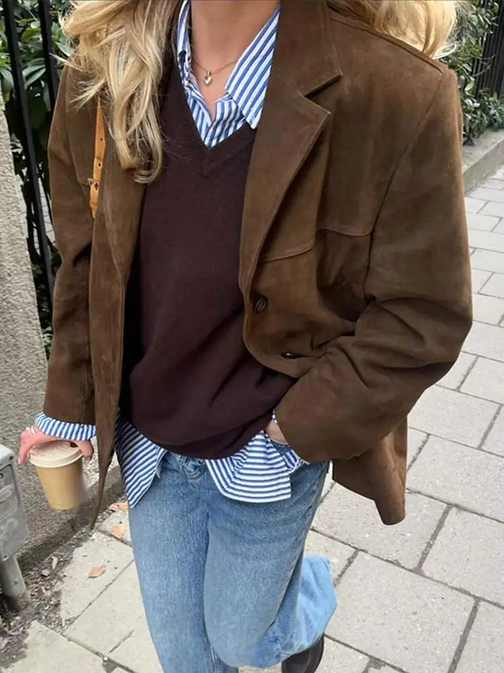 Ingerid | Dame Oversized Casual Blazerjakke i Semsket Skinn