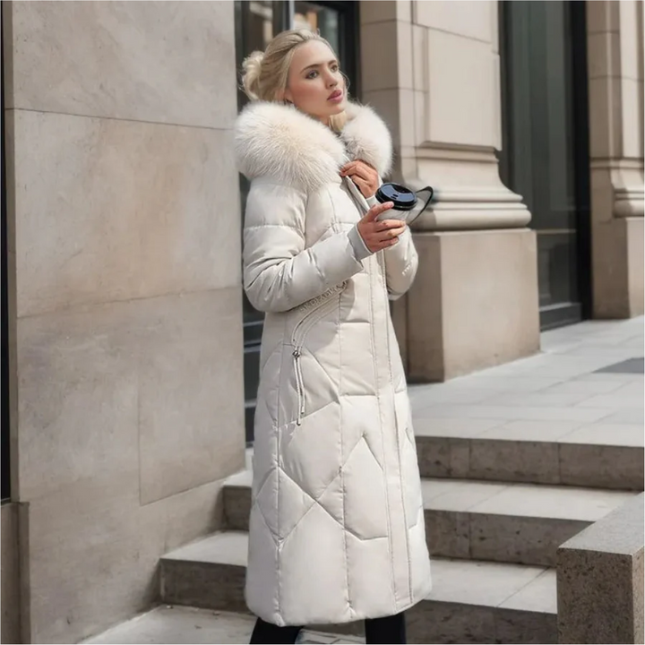 Jessica | Damen Lange Winterjacke mit Kapuze und Fellbesatz