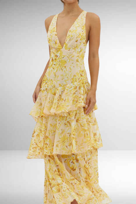 Emilia | Damen Elegantes Geblümtes Stufen-Maxikleid