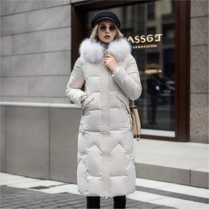 Jessica | Damen Lange Winterjacke mit Kapuze und Fellbesatz