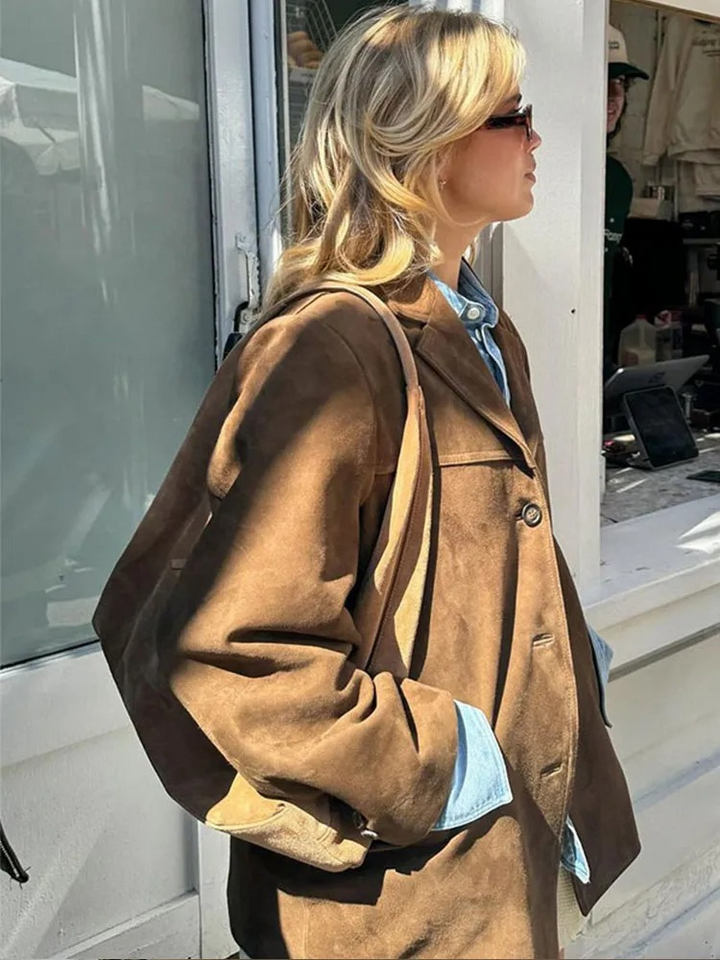 Ingerid | Dame Oversized Casual Blazerjakke i Semsket Skinn