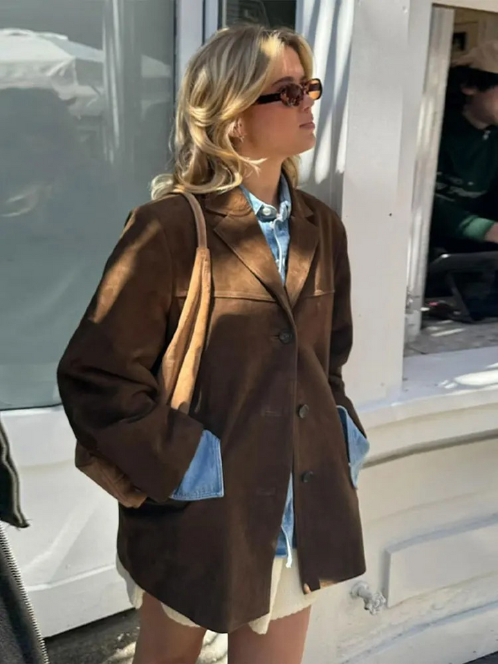 Ingerid | Dame Oversized Casual Blazerjakke i Semsket Skinn