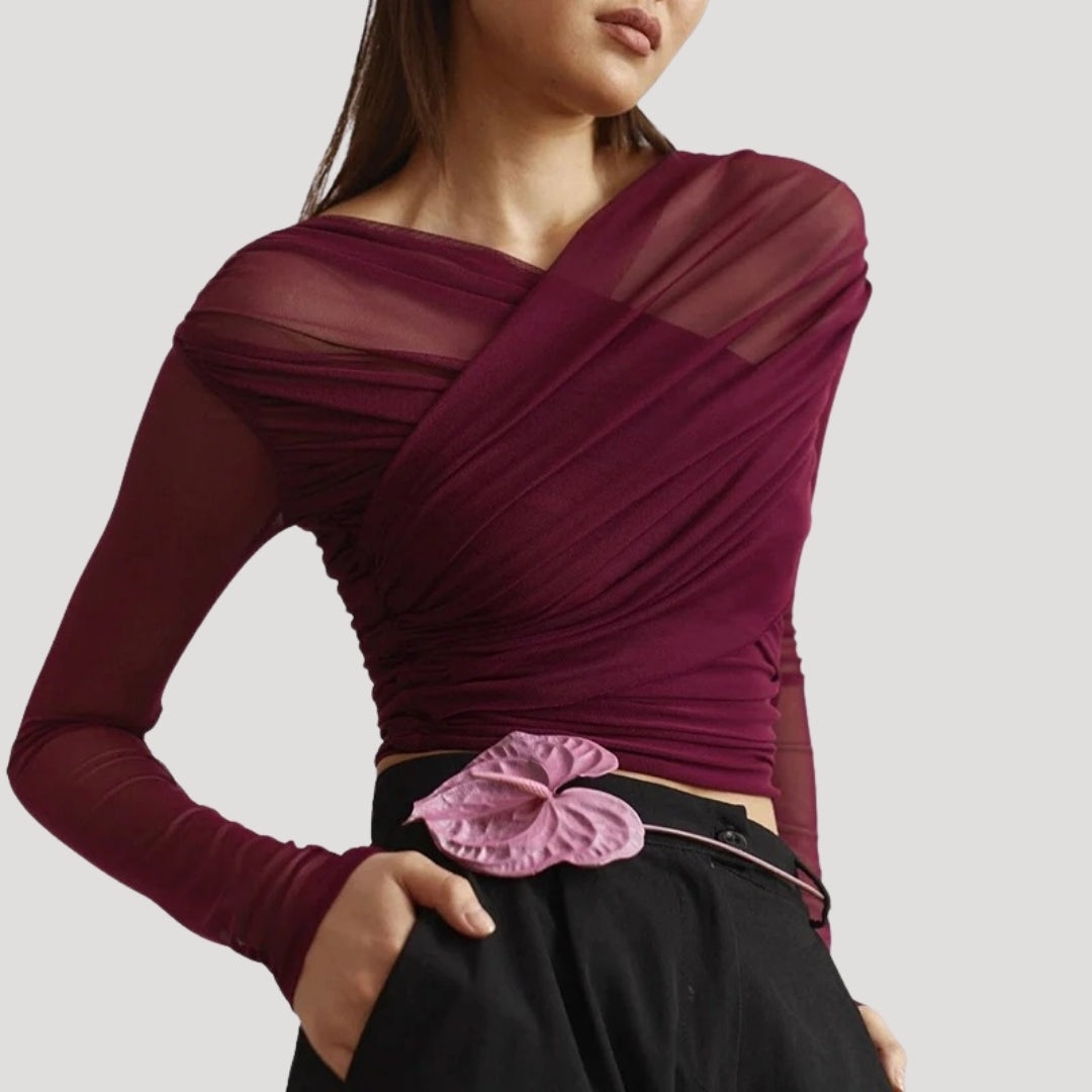 Sabina | Damen Frühlings Transparentes Wickel-Oberteil mit Langarm