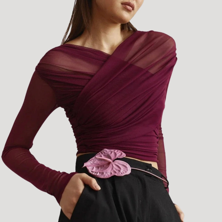 Sabina | Damen Frühlings Transparentes Wickel-Oberteil mit Langarm