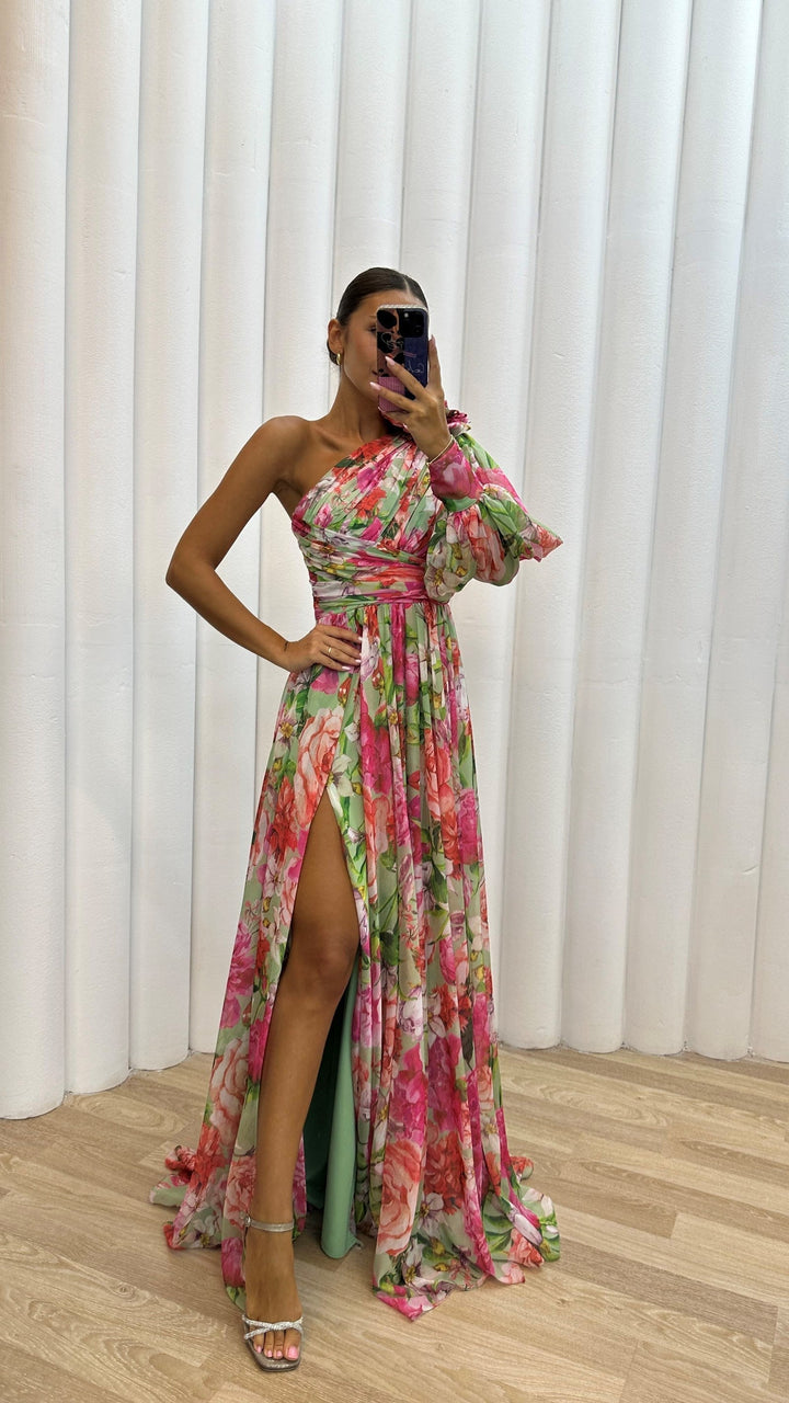 Kathrin | Damen Florales Einarm-Kleid für Hochzeitsgäste