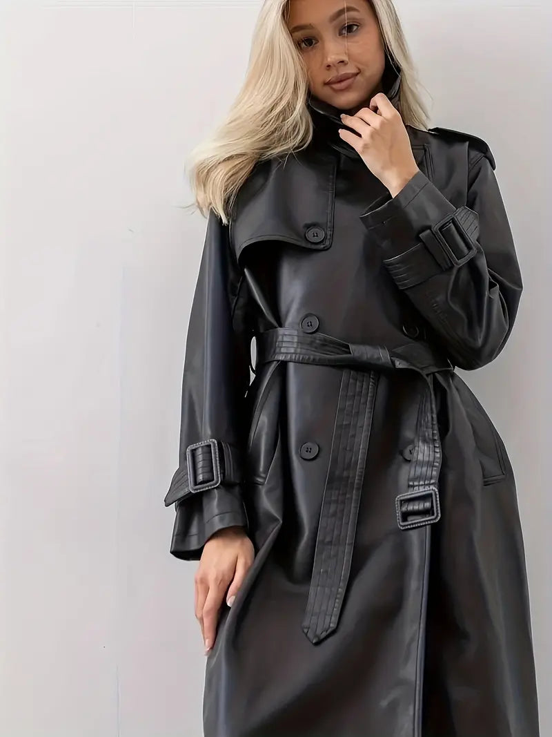 Edith | Damen Langer Gürtetragender Kunstleder Trenchcoat