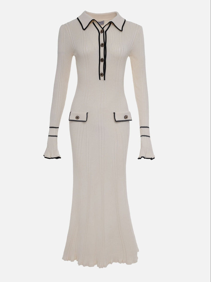 Kerstin | Damen Frühlings-Rippstrick-Midikleid mit Knöpfen