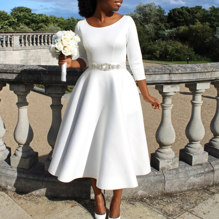 Felicia | Damen Schlichtes Midi-Kleid mit Rundhalsausschnitt