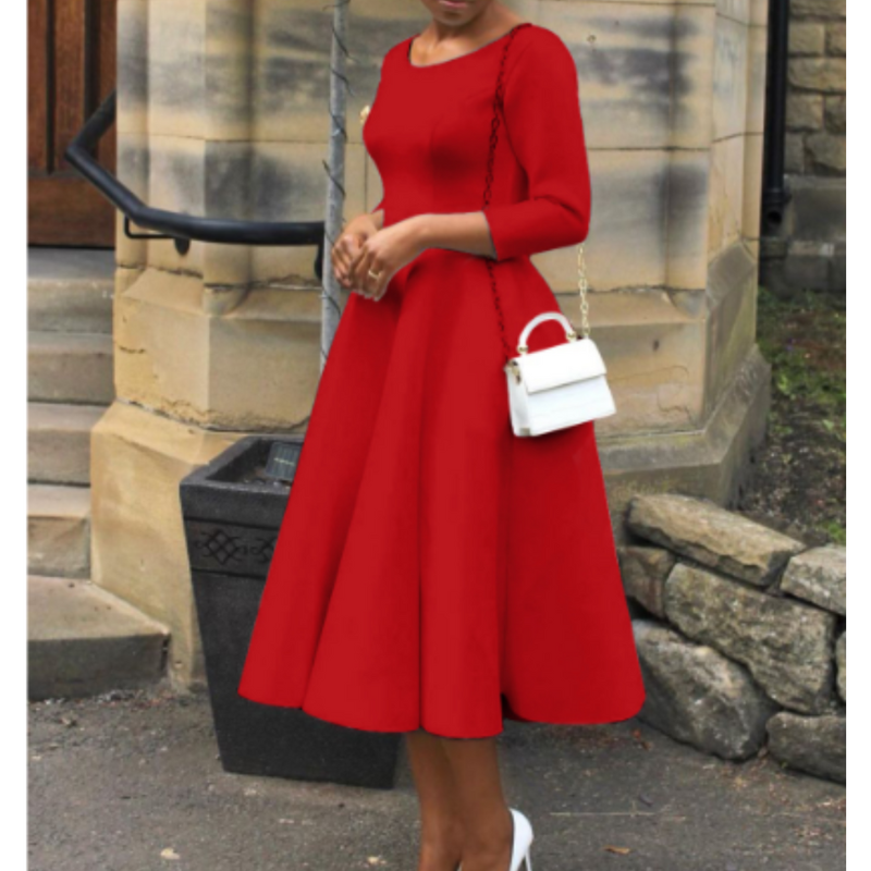 Felicia | Damen Schlichtes Midi-Kleid mit Rundhalsausschnitt