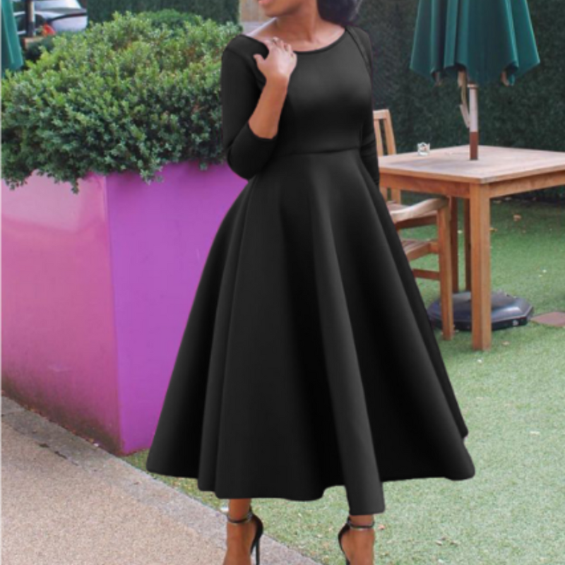 Felicia | Damen Schlichtes Midi-Kleid mit Rundhalsausschnitt