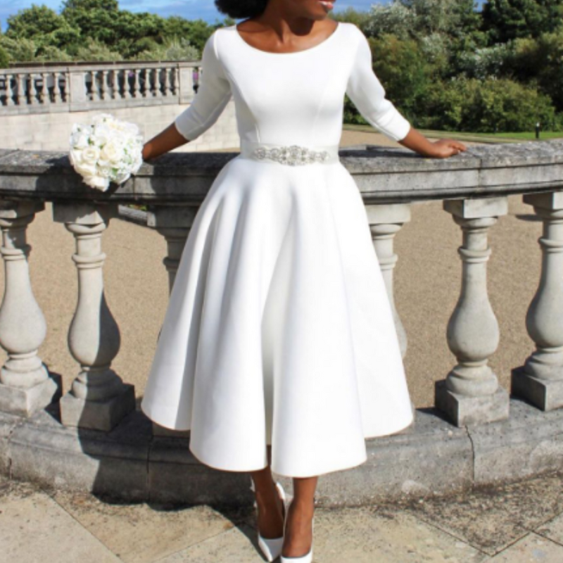 Felicia | Damen Schlichtes Midi-Kleid mit Rundhalsausschnitt