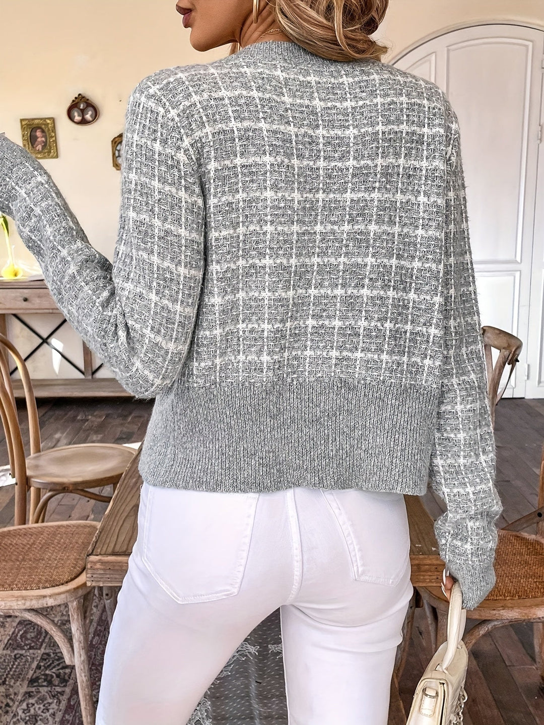 Elisa | Damen Modische Kurz-Strickjacke aus Tweed-Material