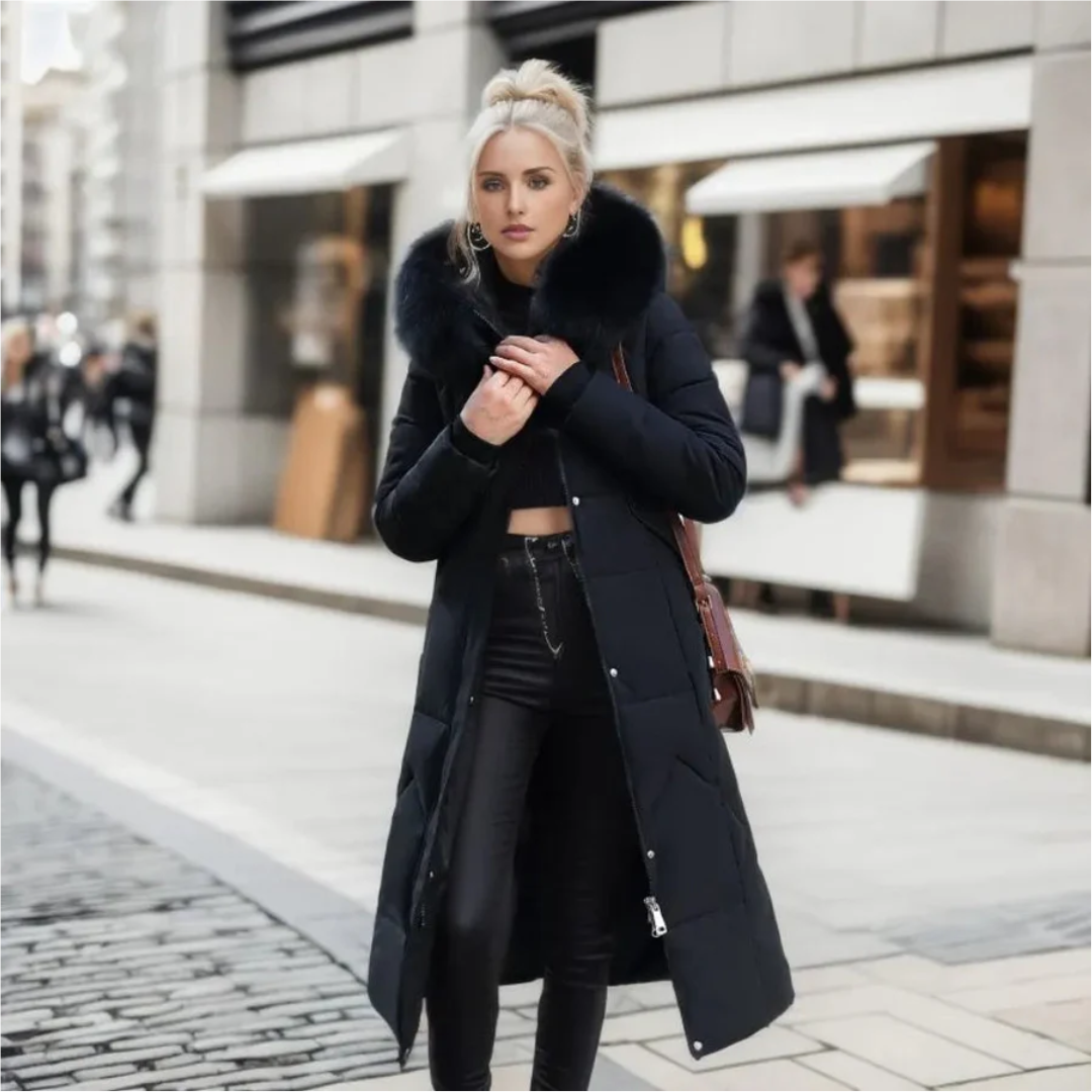 Jessica | Damen Lange Winterjacke mit Kapuze und Fellbesatz