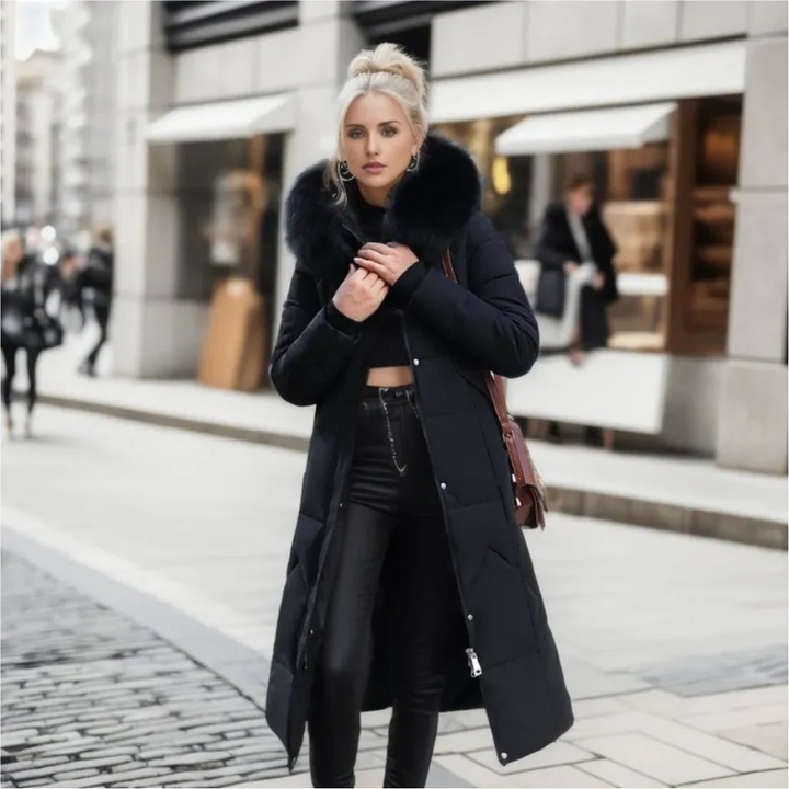 Jessica | Damen Lange Winterjacke mit Kapuze und Fellbesatz