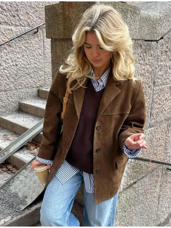Ingerid | Dame Oversized Casual Blazerjakke i Semsket Skinn