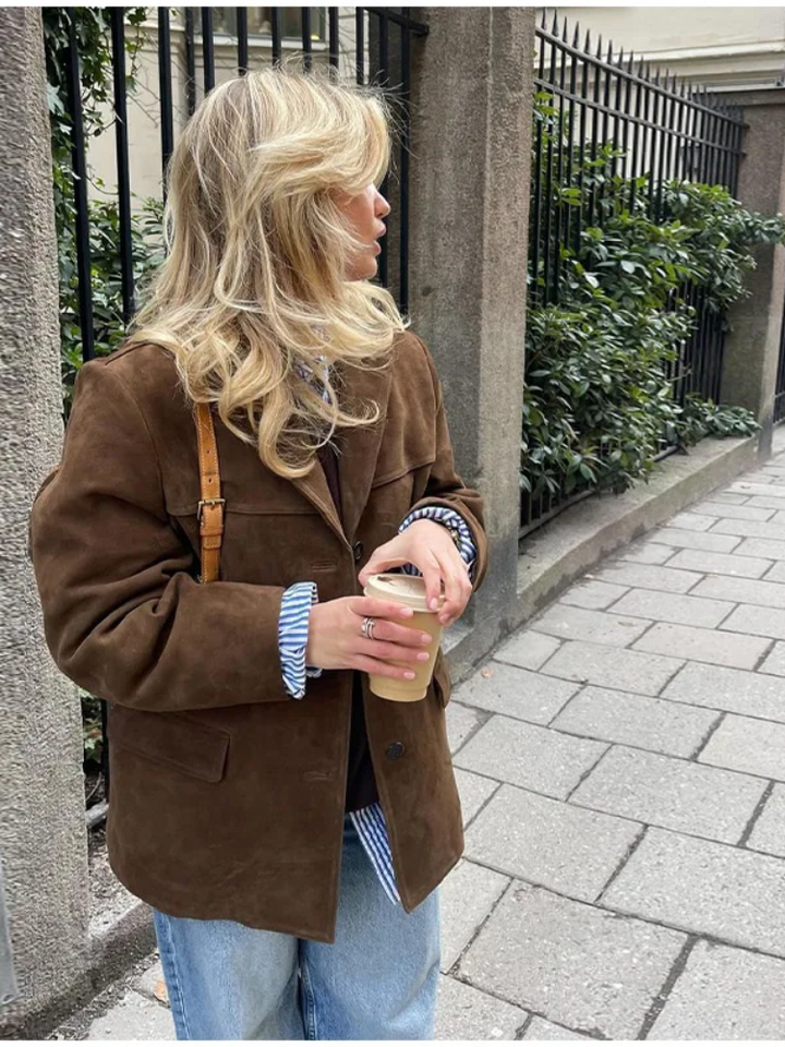 Ingerid | Dame Oversized Casual Blazerjakke i Semsket Skinn