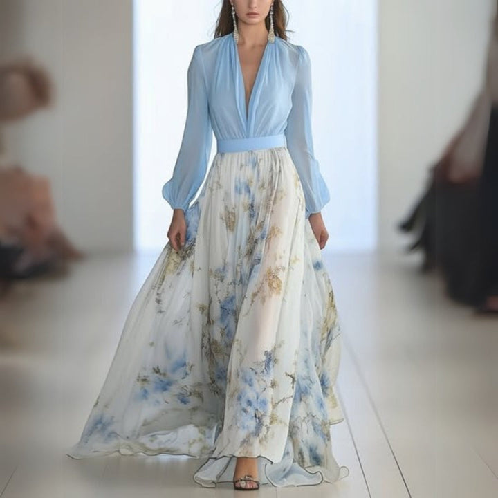 Doris | Damen Blumen V-Neck Maxi Kleid