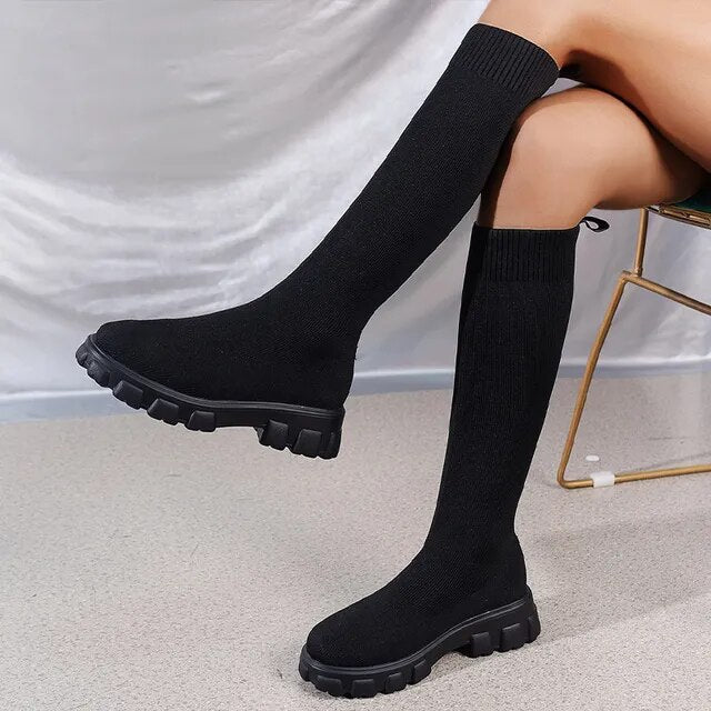 Dagny | Dame Trendy Knestøvler med Strikket Design