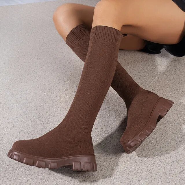 Dagny | Dame Trendy Knestøvler med Strikket Design