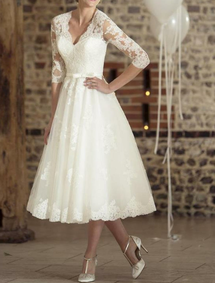 Doris | Damen Vintage Spitzen Hochzeitskleid Midi-Länge