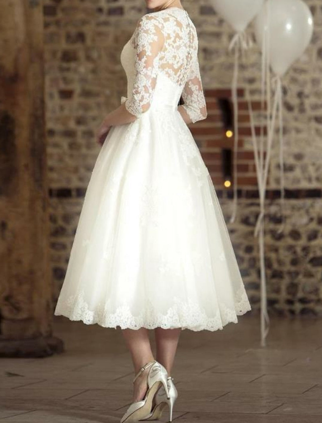 Doris | Damen Vintage Spitzen Hochzeitskleid Midi-Länge