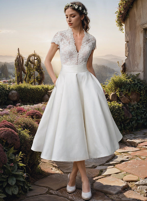 Carmen | Damen Spitzen-Top V-Ausschnitt Midi Hochzeitskleid